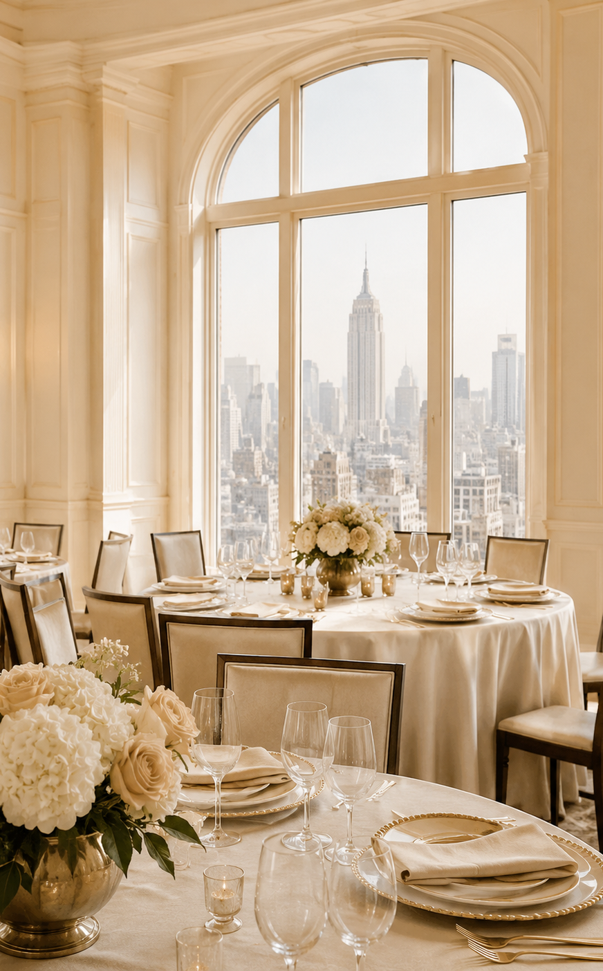 Elegant cream and gold dining room overlooking the New York skyline