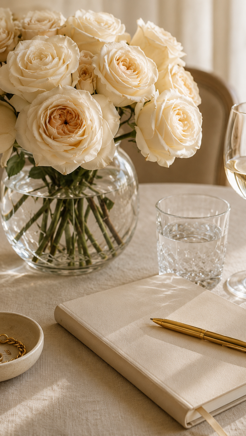 Cream floral arrangement, glassware and a notebook on an elegant table
