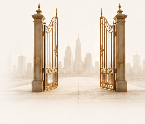 Open antique-gold gates leading toward a soft New York City skyline